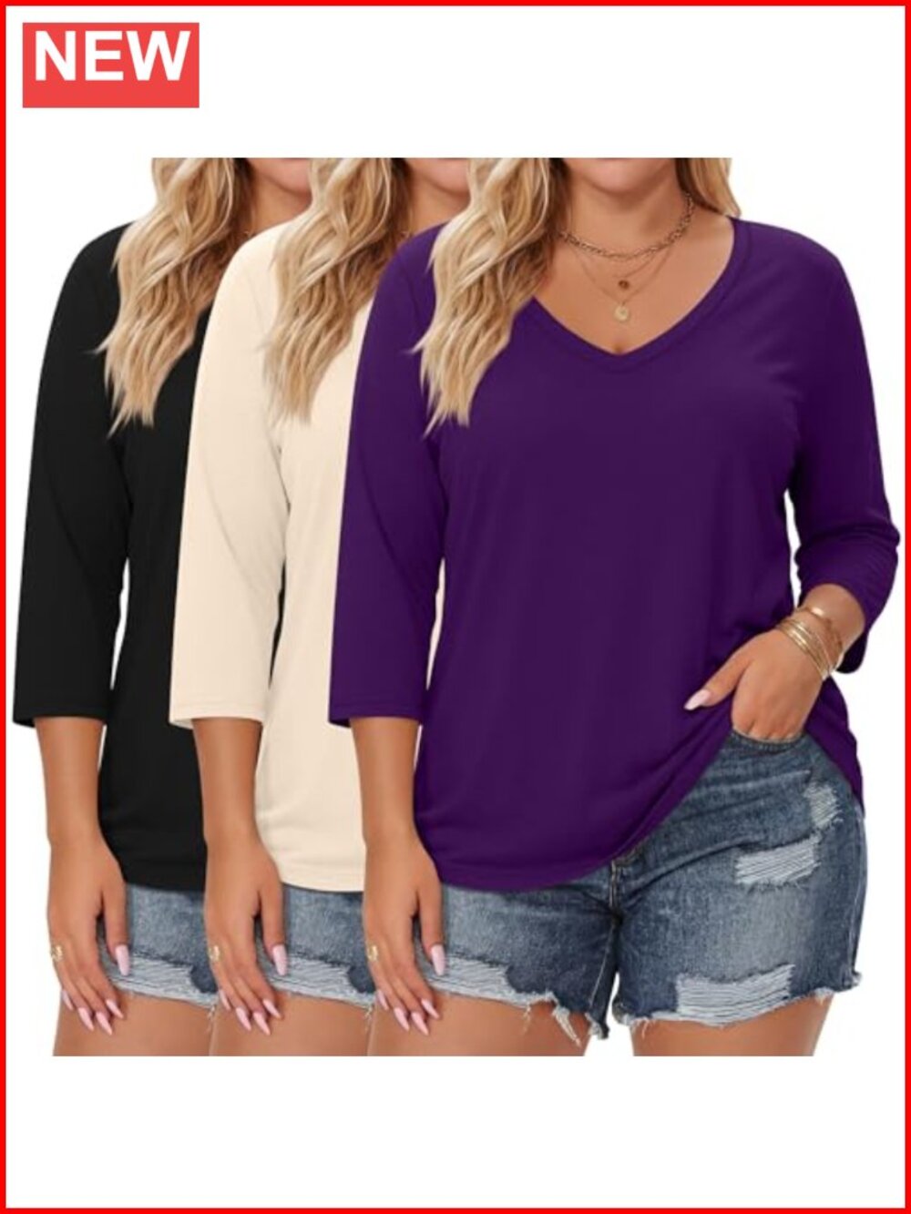 Cotton Blend Plus Size 3/4 Sleeve V-Neck T-Shirts 3-Pack Loose Fit Basic Tees